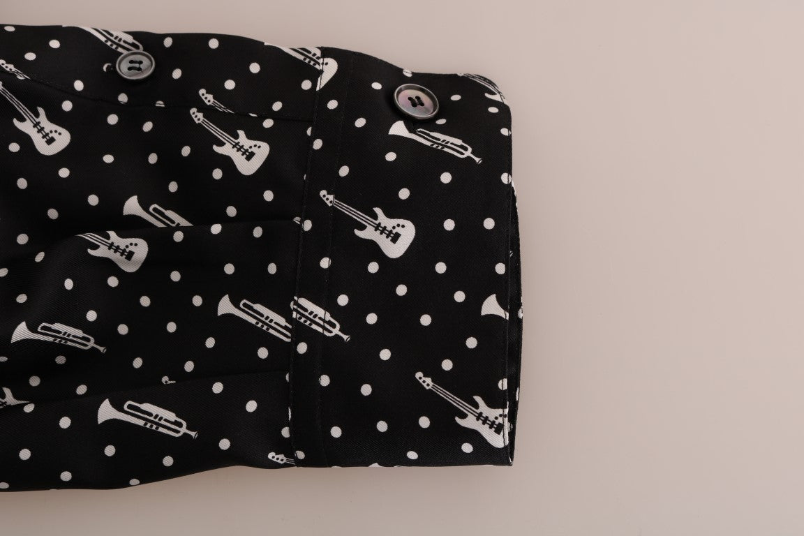 Schwarz Seide Weiß JAZZ Print Freizeithemd