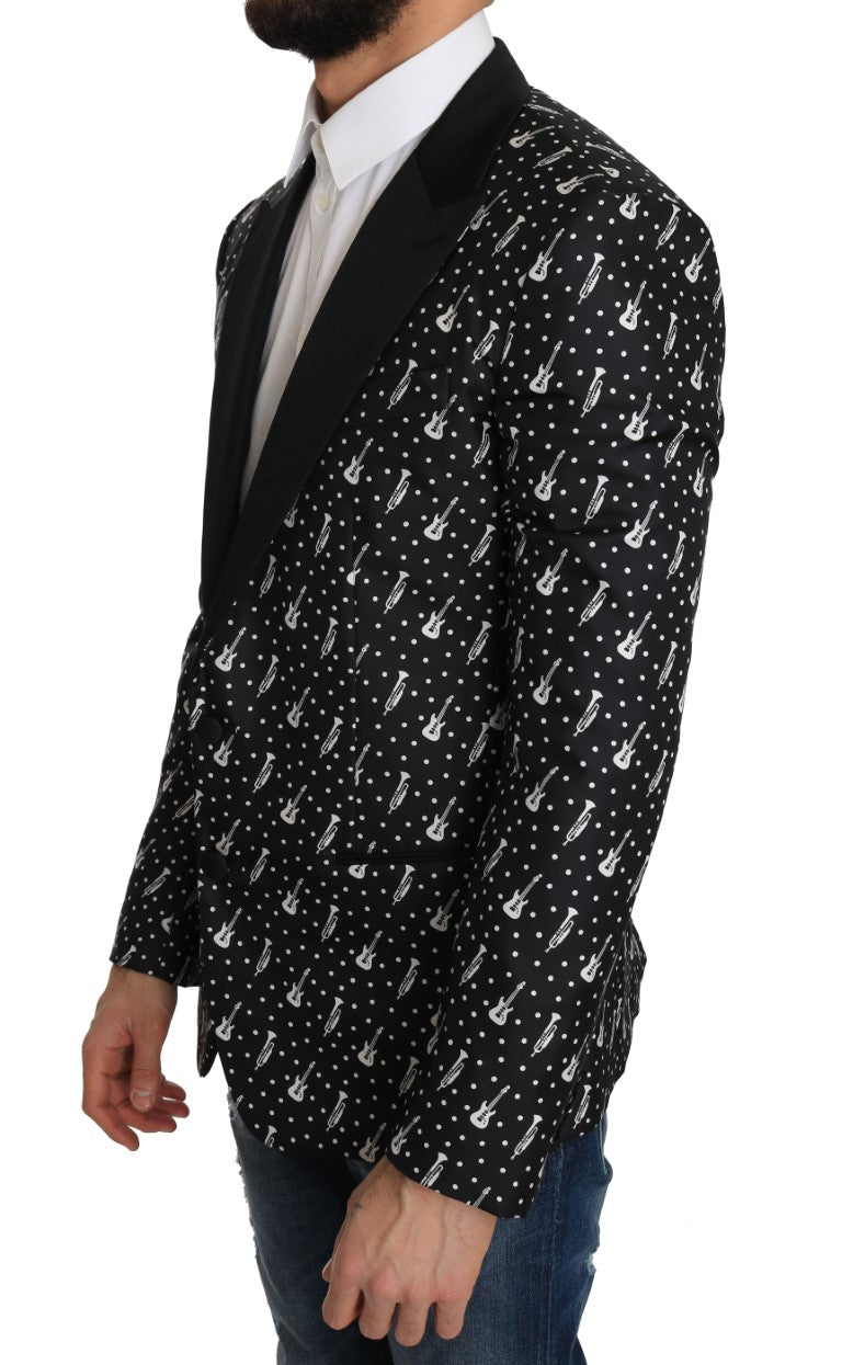 Schwarze Seiden-Jazzgitarren-Blazer-Jacke