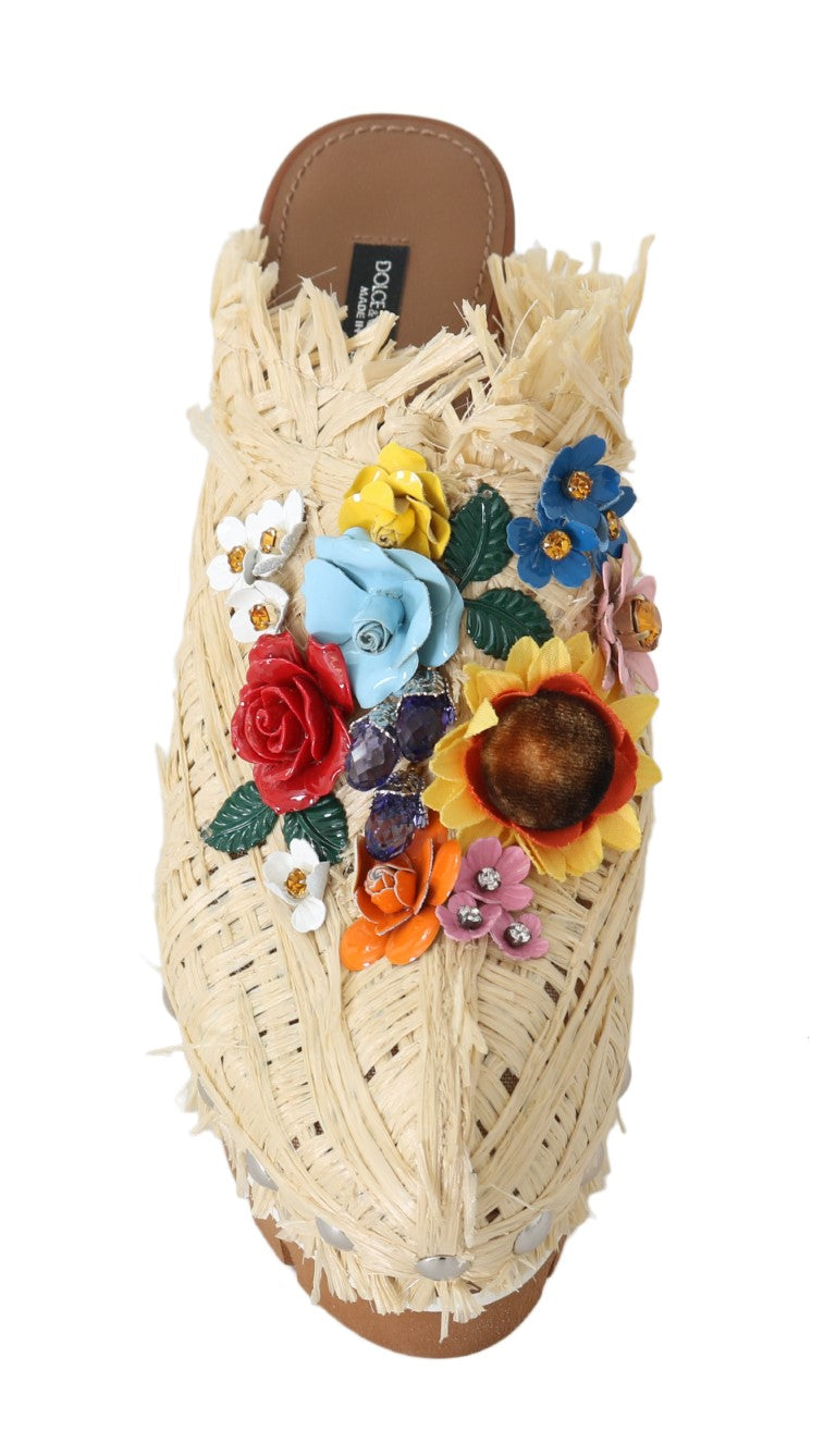 Beige Raffia Pantoletten Floral Pantoletten