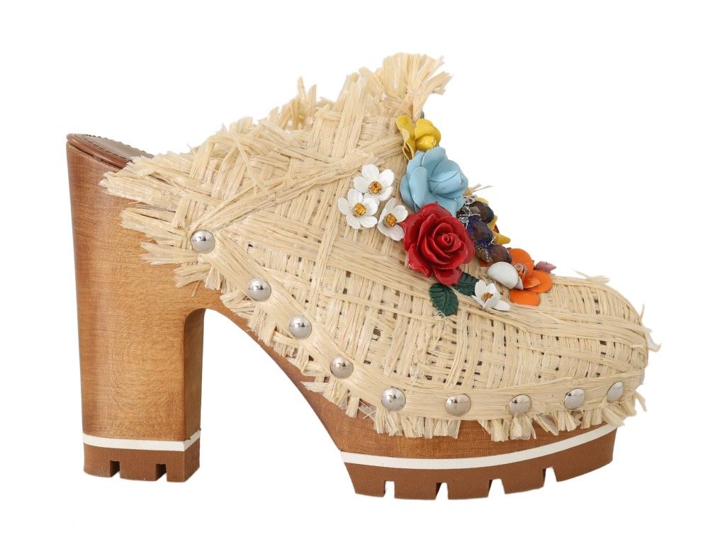 Beige Raffia Pantoletten Floral Pantoletten