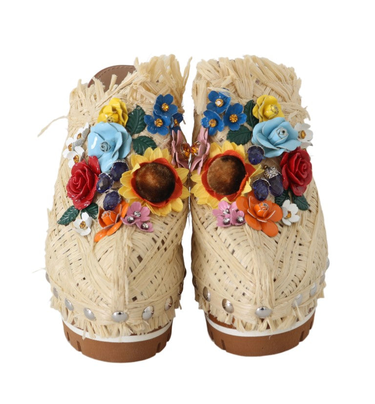 Beige Raffia Pantoletten Floral Pantoletten