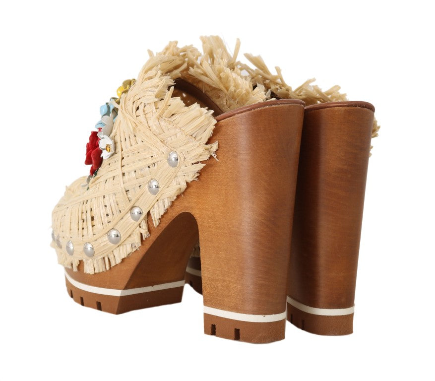 Beige Raffia Pantoletten Floral Pantoletten