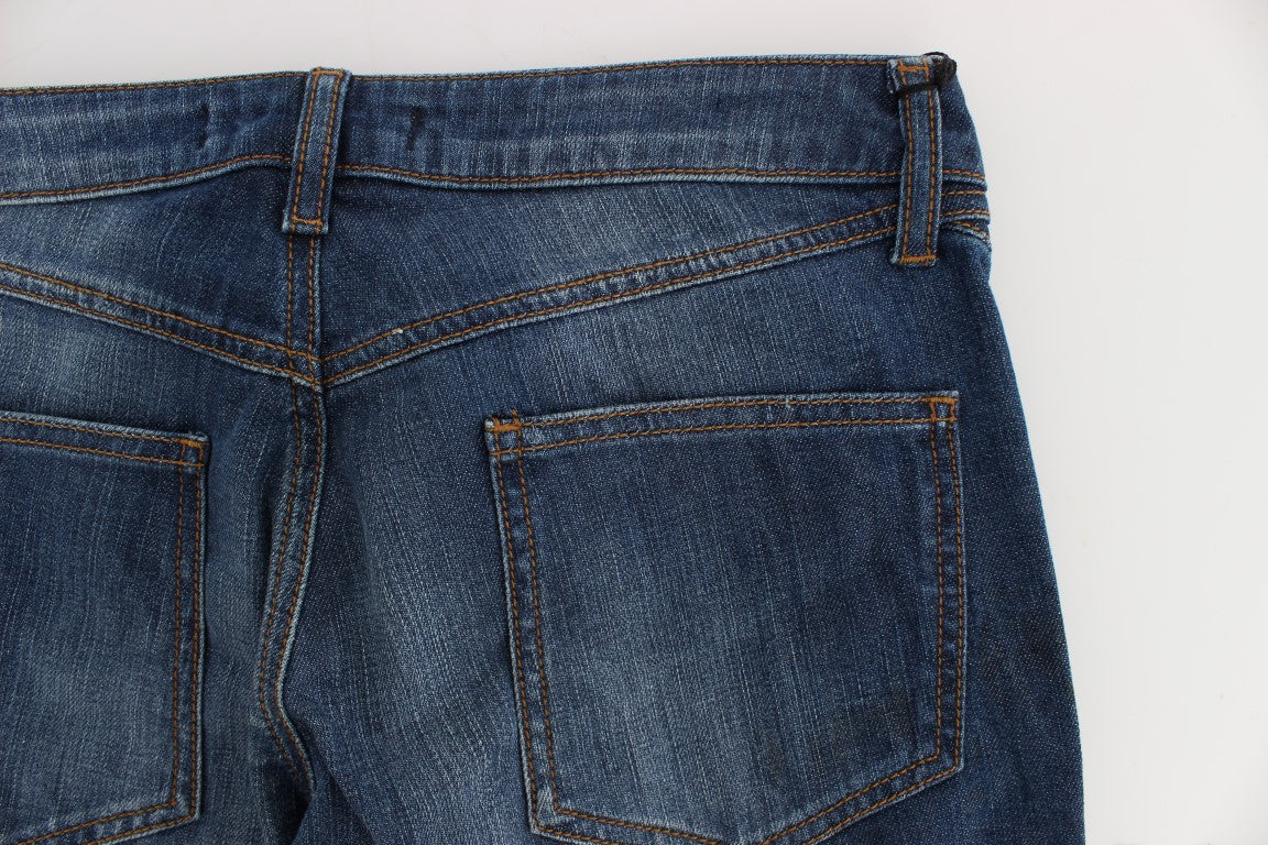 Blau gewaschene Baumwoll-Stretch-Jeans mit Stiefelschnitt