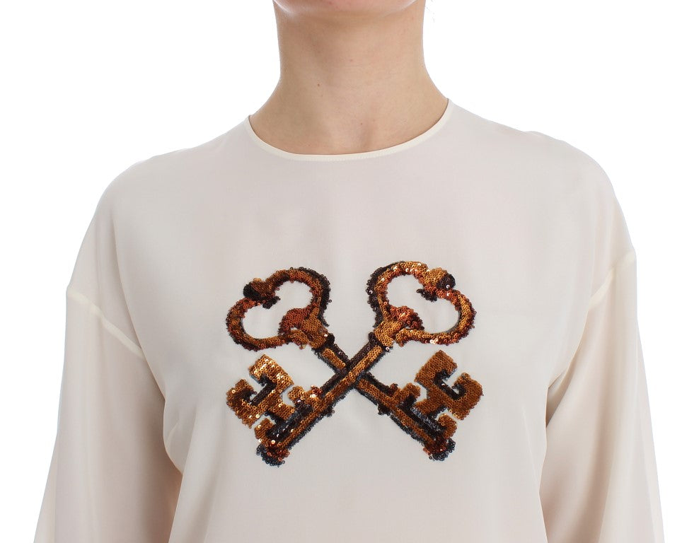 Weiße Pailletten-Schlüssel-Seidenbluse T-shirt Top