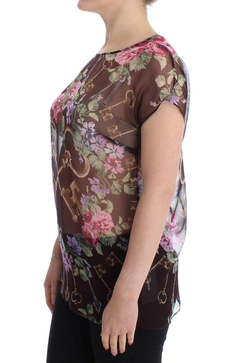 Schwarzes Schlüssel-T-Shirt mit Blumendruck und Seidenbluse