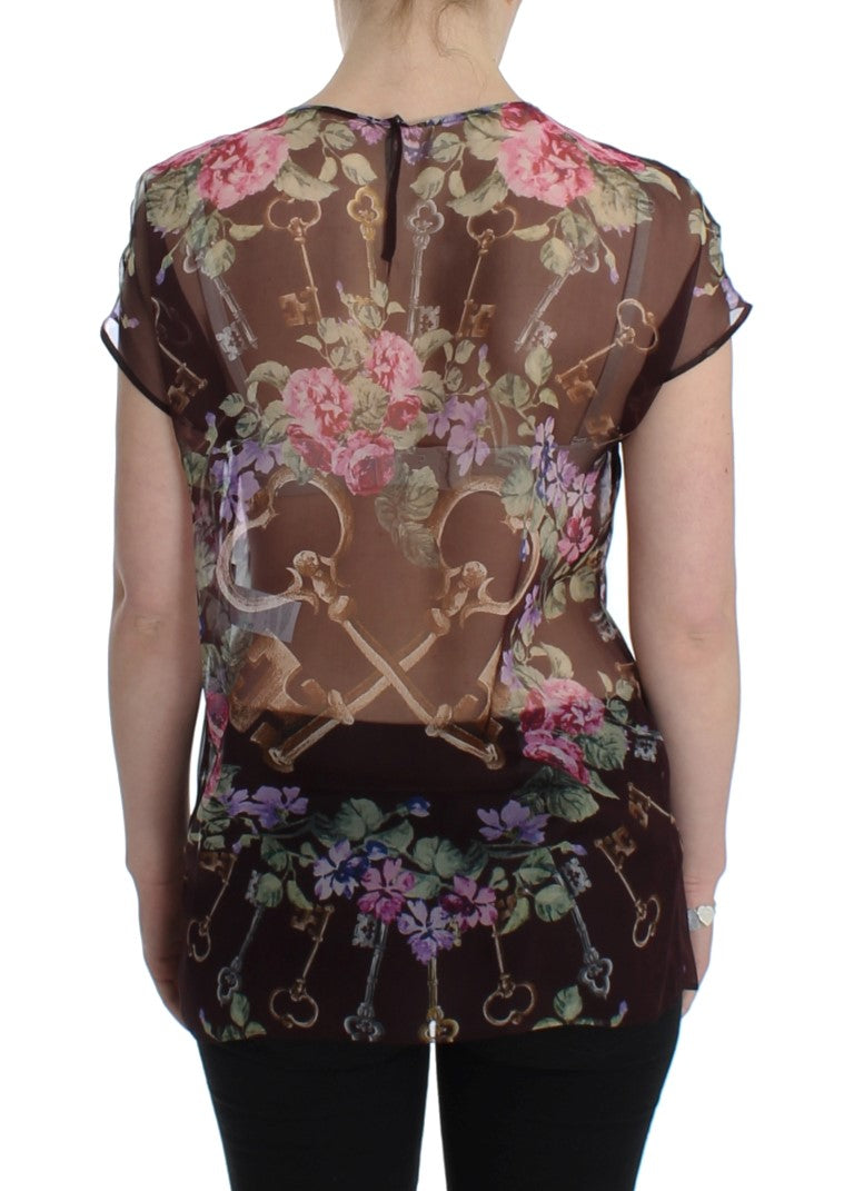 Schwarzes Schlüssel-T-Shirt mit Blumendruck und Seidenbluse
