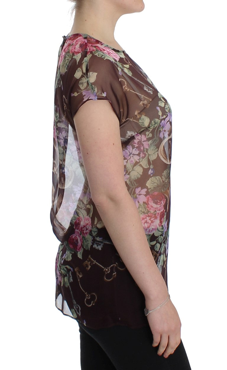 Schwarzes Schlüssel-T-Shirt mit Blumendruck und Seidenbluse