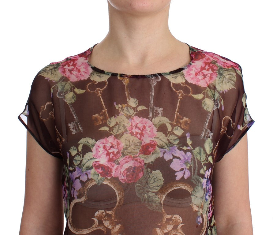 Schwarzes Schlüssel-T-Shirt mit Blumendruck und Seidenbluse