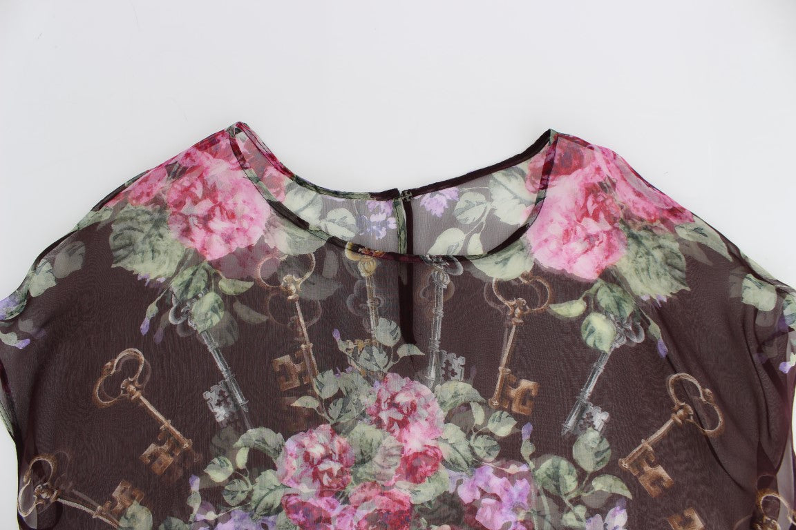 Schwarzes Schlüssel-T-Shirt mit Blumendruck und Seidenbluse