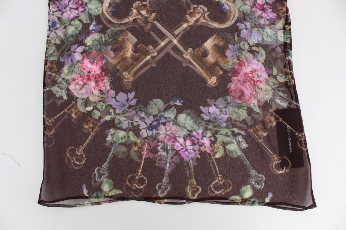 Schwarzes Schlüssel-T-Shirt mit Blumendruck und Seidenbluse