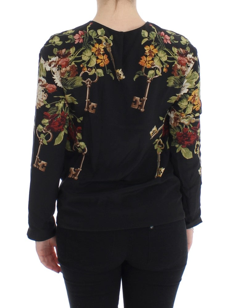 Schwarzes Seidenblusentop mit Blumendruck