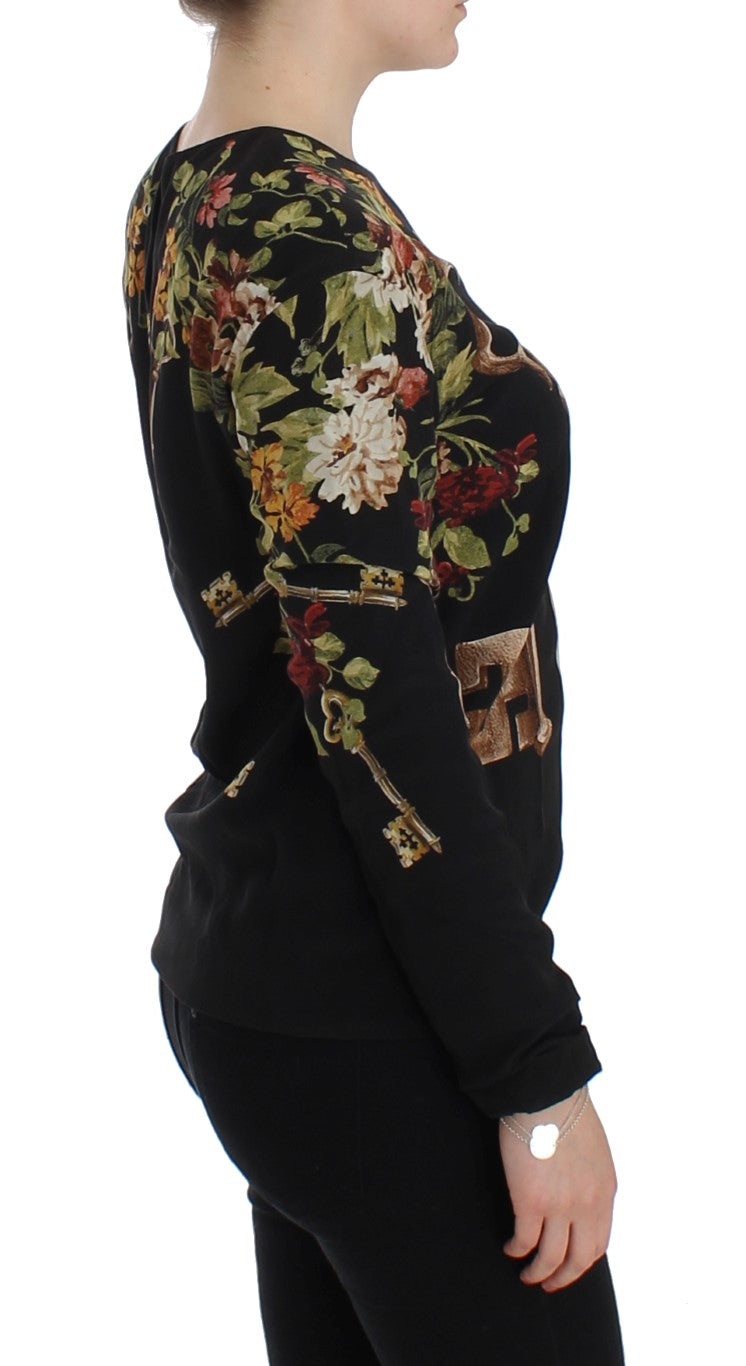 Schwarzes Seidenblusentop mit Blumendruck