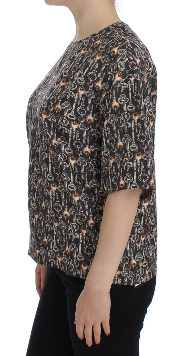 Graue Seidenbluse mit Goldschlüssel-Druck T-shirt