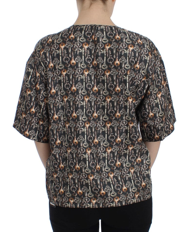 Graue Seidenbluse mit Goldschlüssel-Druck T-shirt