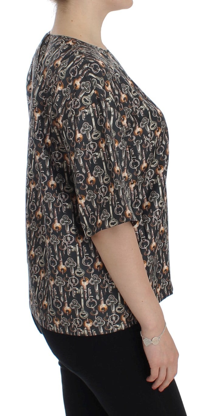 Graue Seidenbluse mit Goldschlüssel-Druck T-shirt