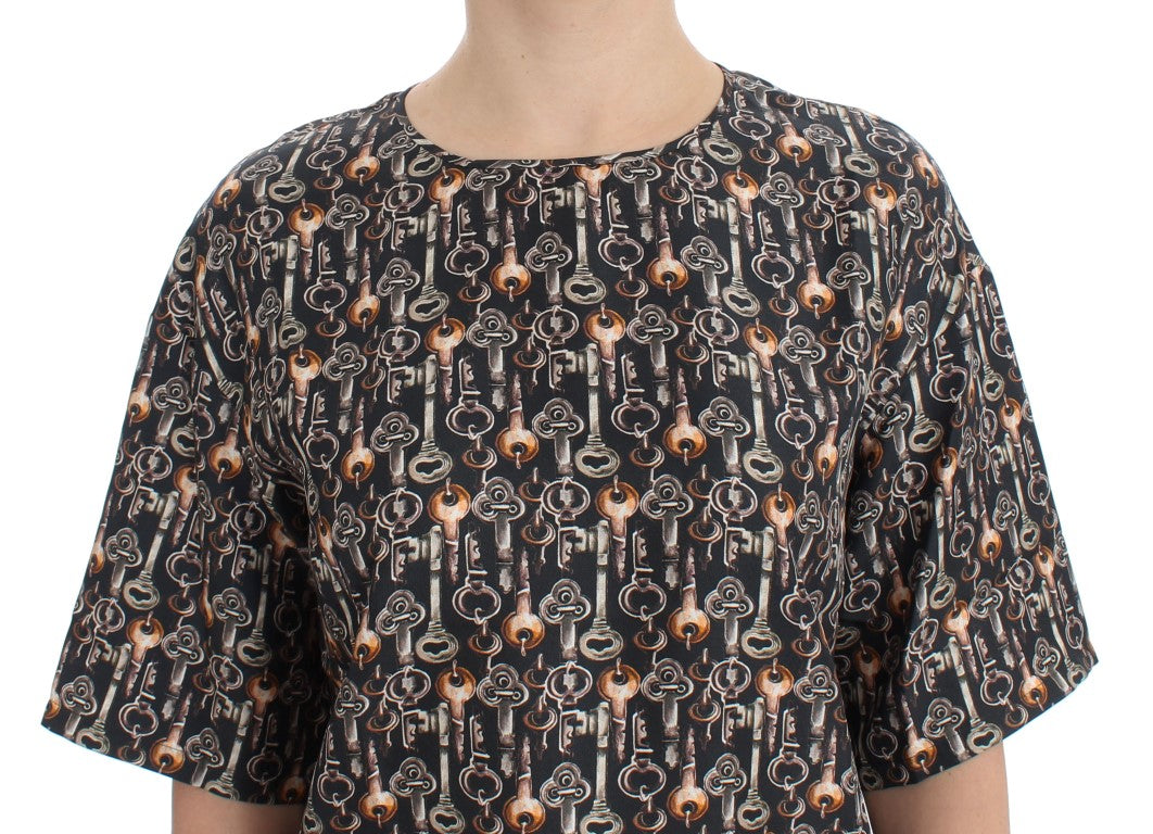 Graue Seidenbluse mit Goldschlüssel-Druck T-shirt