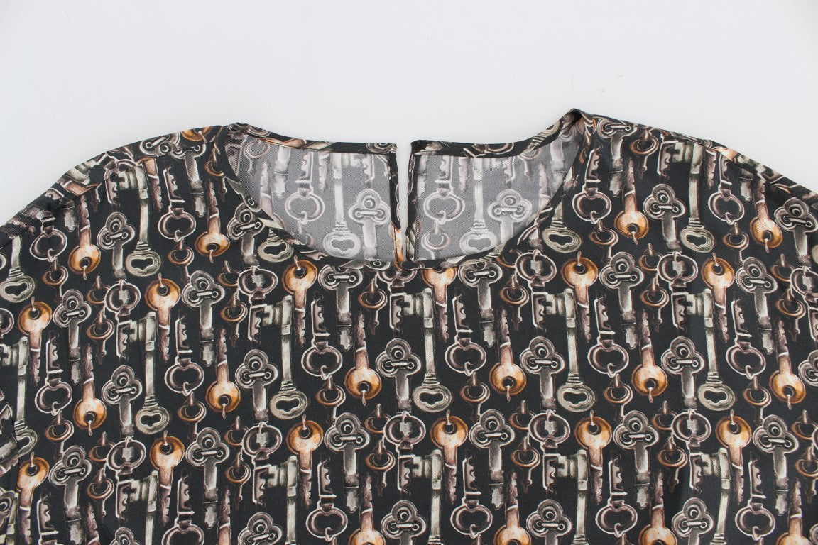 Graue Seidenbluse mit Goldschlüssel-Druck T-shirt