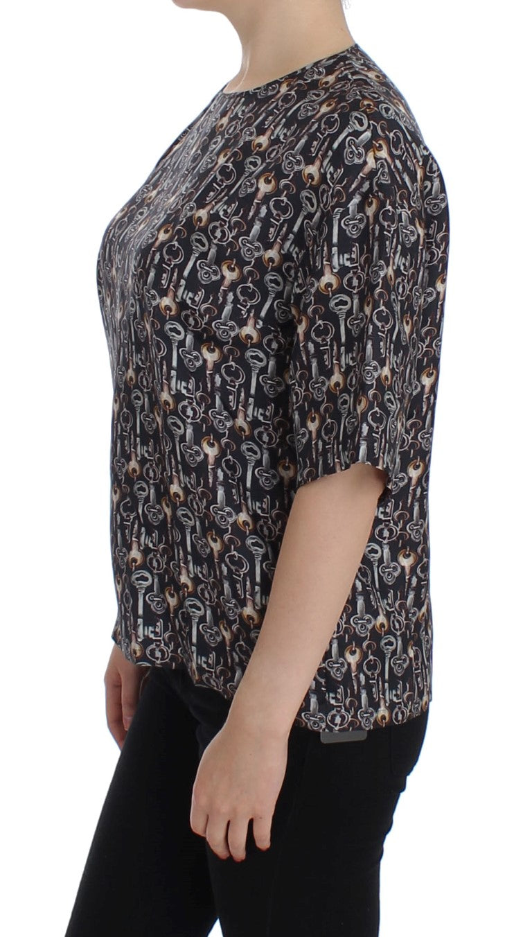 Graue Seidenbluse mit Goldschlüssel-Druck T-shirt