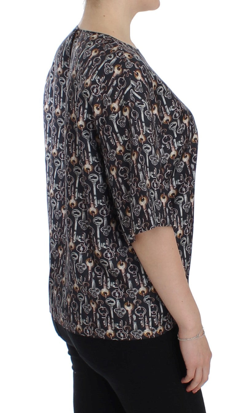 Graue Seidenbluse mit Goldschlüssel-Druck T-shirt