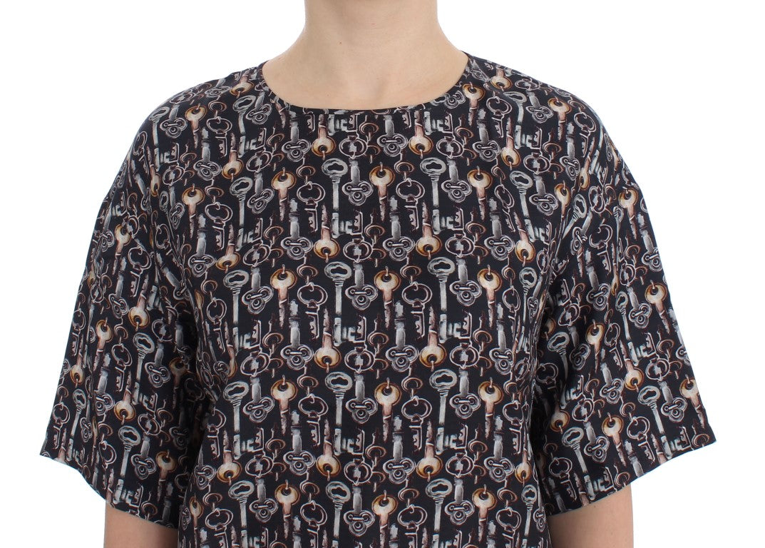 Graue Seidenbluse mit Goldschlüssel-Druck T-shirt