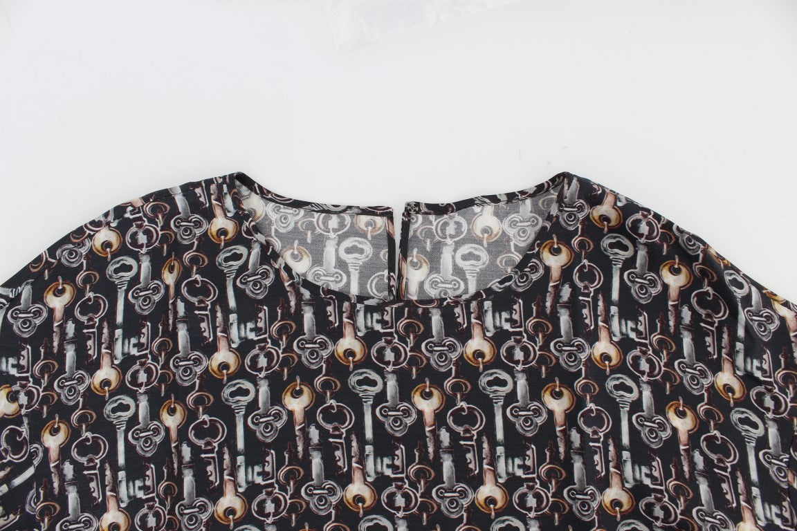 Graue Seidenbluse mit Goldschlüssel-Druck T-shirt