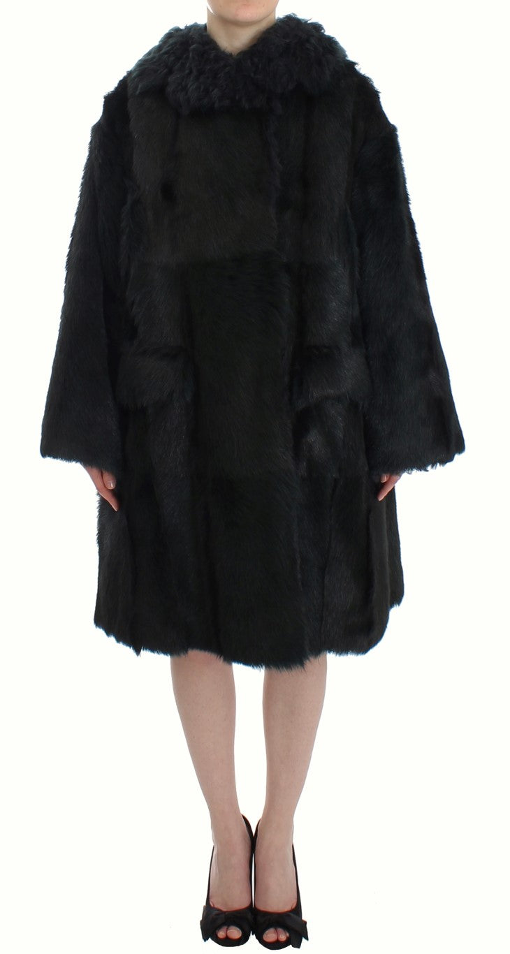 Schwarzer Ziegenpelz Shearling Lange Jacke Mantel