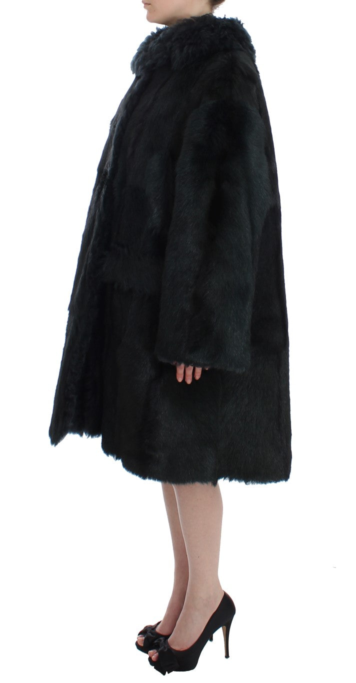Schwarzer Ziegenpelz Shearling Lange Jacke Mantel