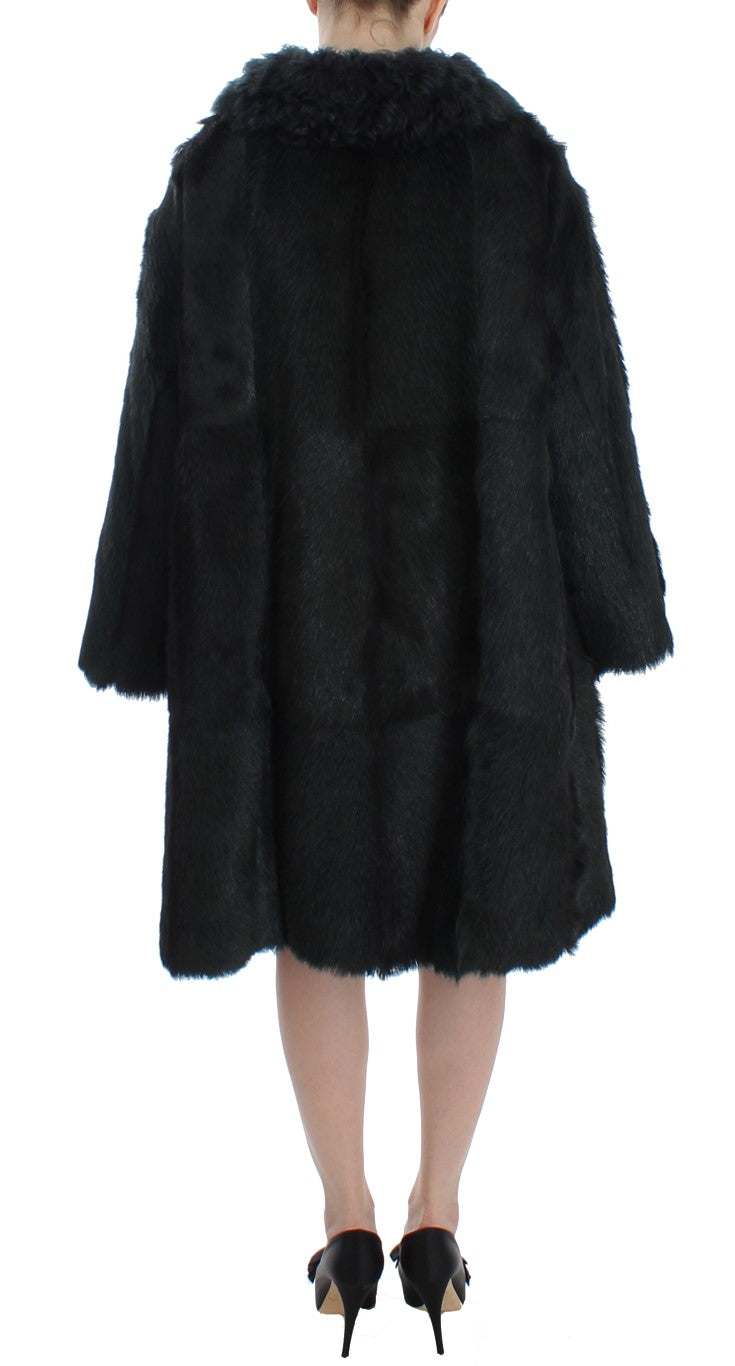 Schwarzer Ziegenpelz Shearling Lange Jacke Mantel