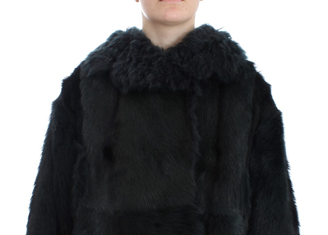 Schwarzer Ziegenpelz Shearling Lange Jacke Mantel