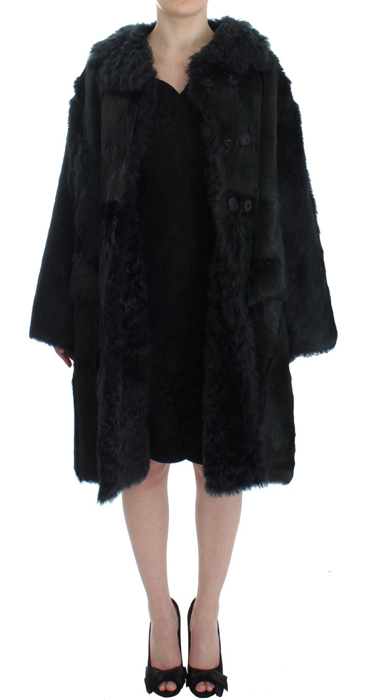 Schwarzer Ziegenpelz Shearling Lange Jacke Mantel