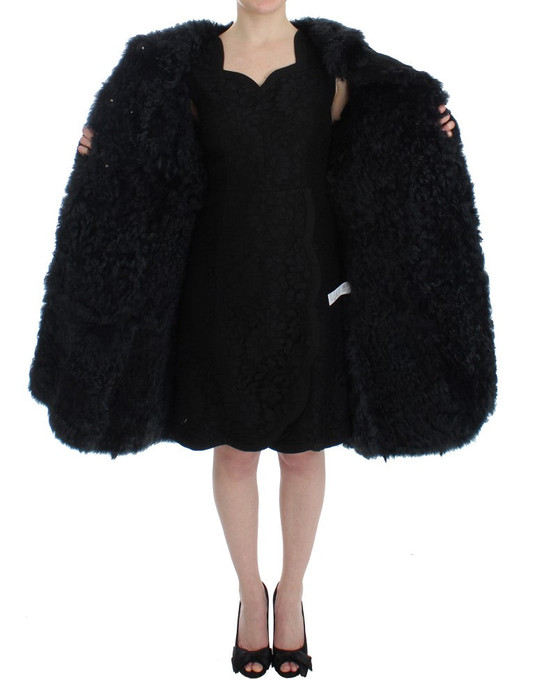 Schwarzer Ziegenpelz Shearling Lange Jacke Mantel