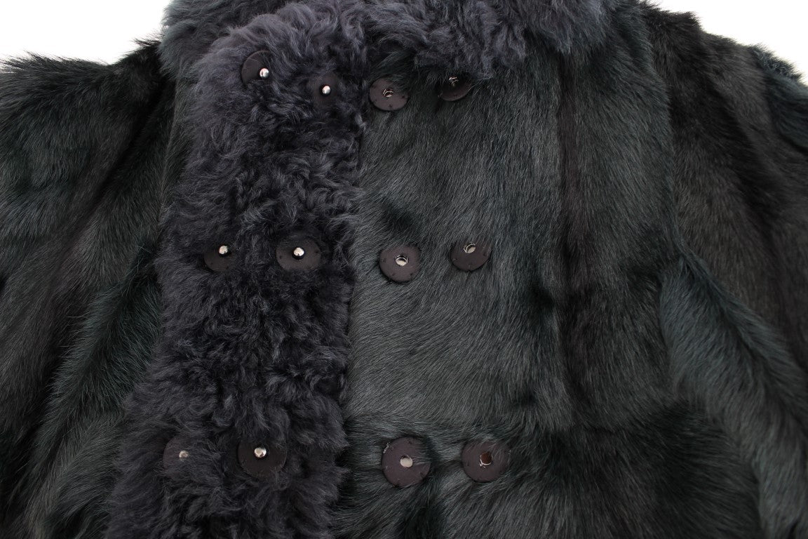 Schwarzer Ziegenpelz Shearling Lange Jacke Mantel