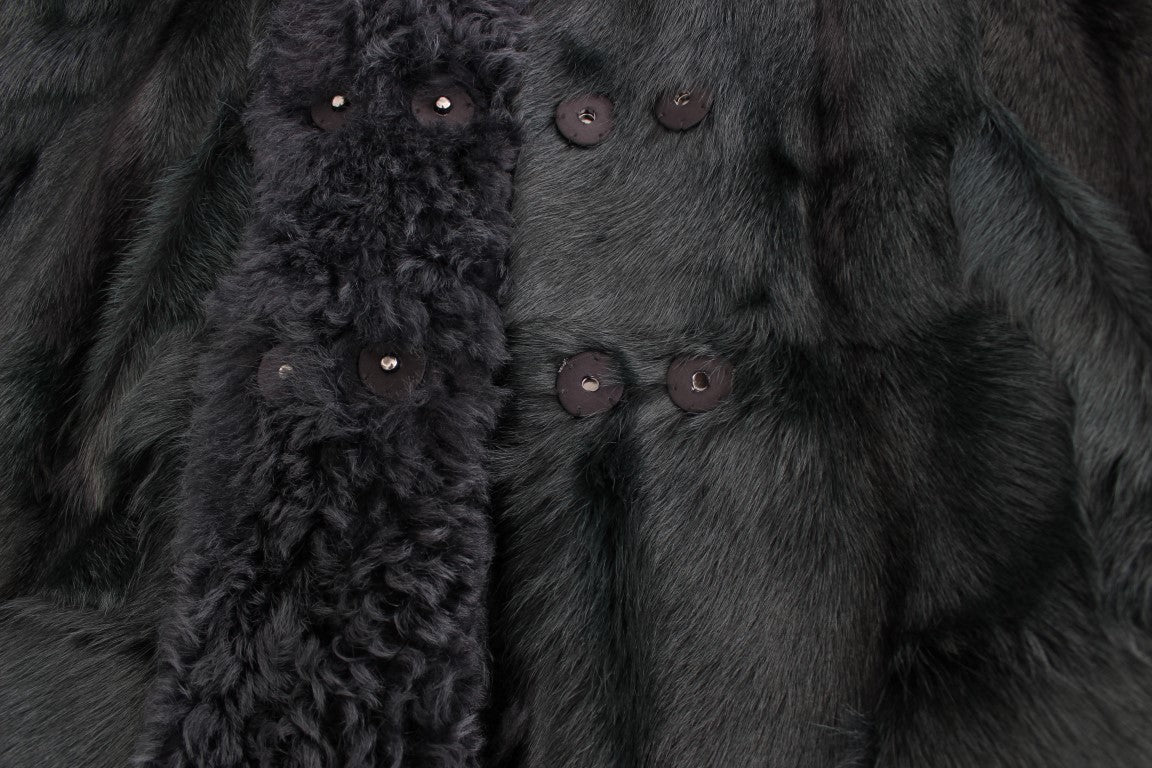 Schwarzer Ziegenpelz Shearling Lange Jacke Mantel