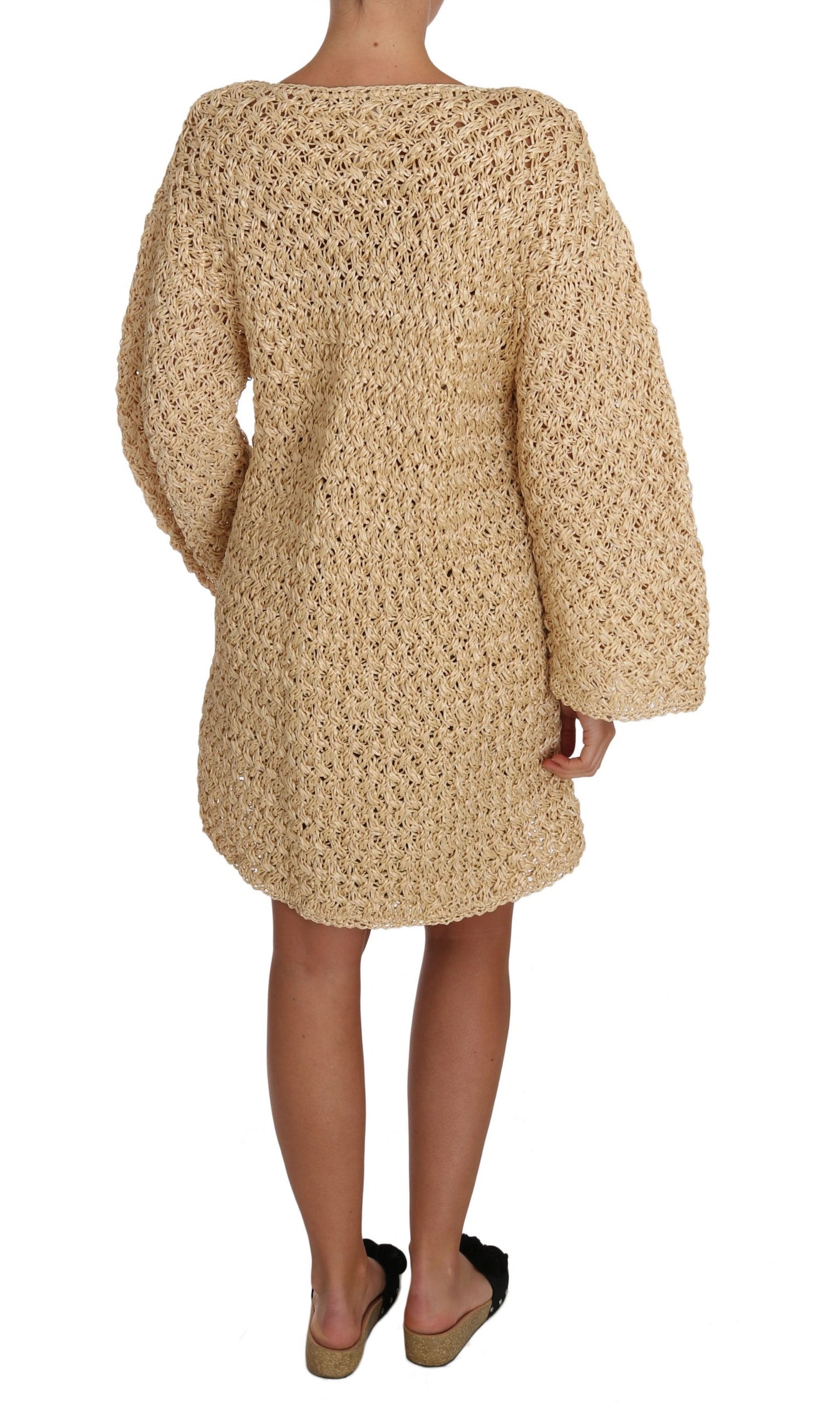 Beige Strickjacke gehäkelt gestrickt Raffia Pullover