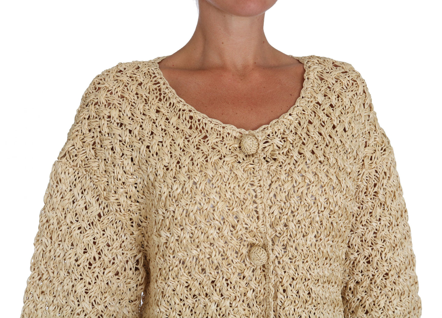Beige Strickjacke gehäkelt gestrickt Raffia Pullover