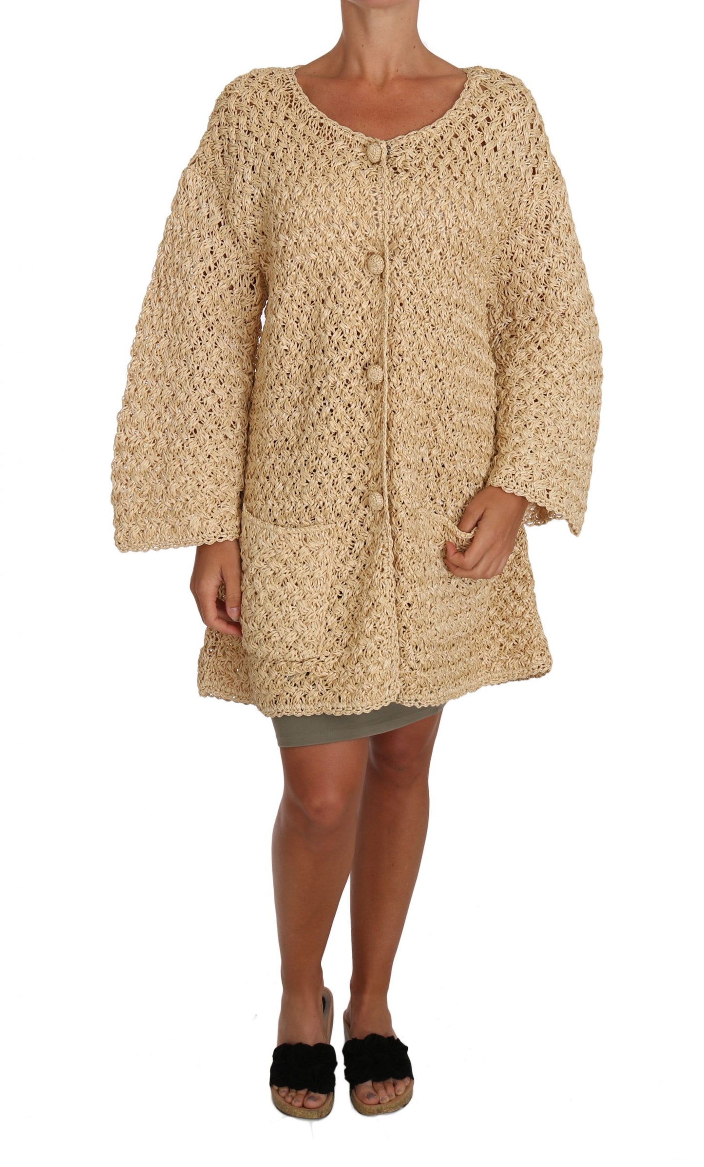 Beige Strickjacke gehäkelt gestrickt Raffia Pullover