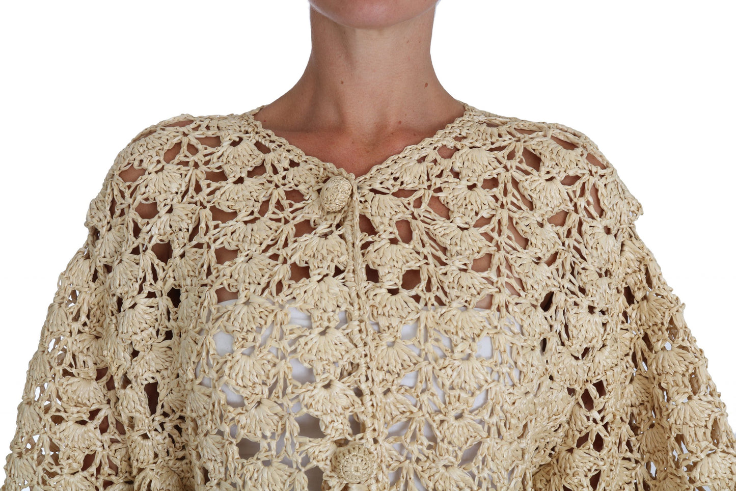 Beige Strickjacke gehäkelt gestrickt Raffia Pullover