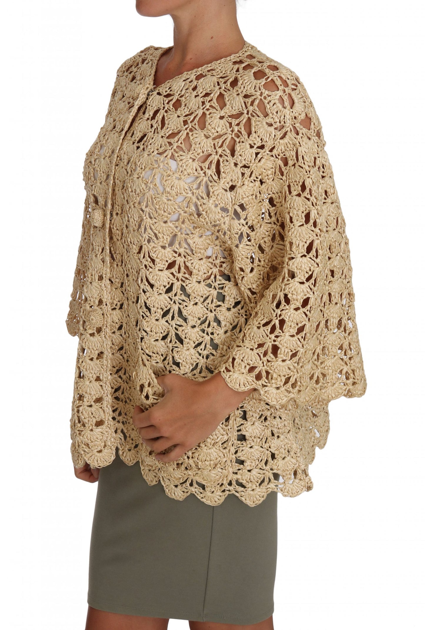 Beige Strickjacke gehäkelt gestrickt Raffia Pullover