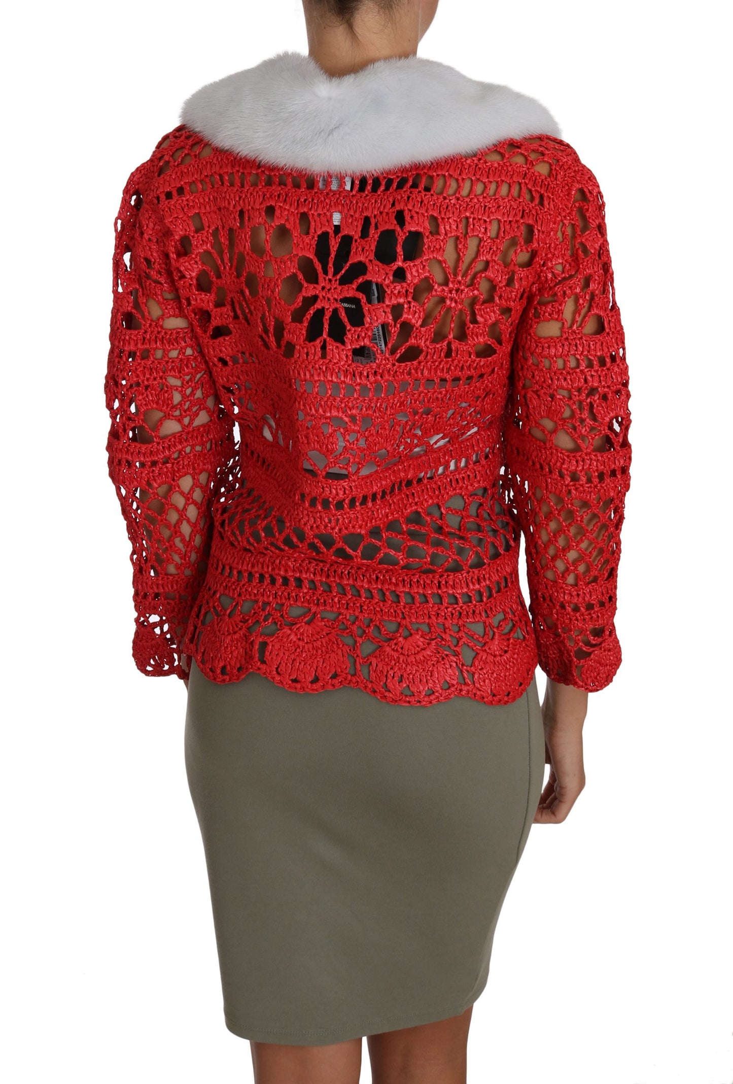 Rote Strickjacke gehäkelt gestrickt Raffia Pullover