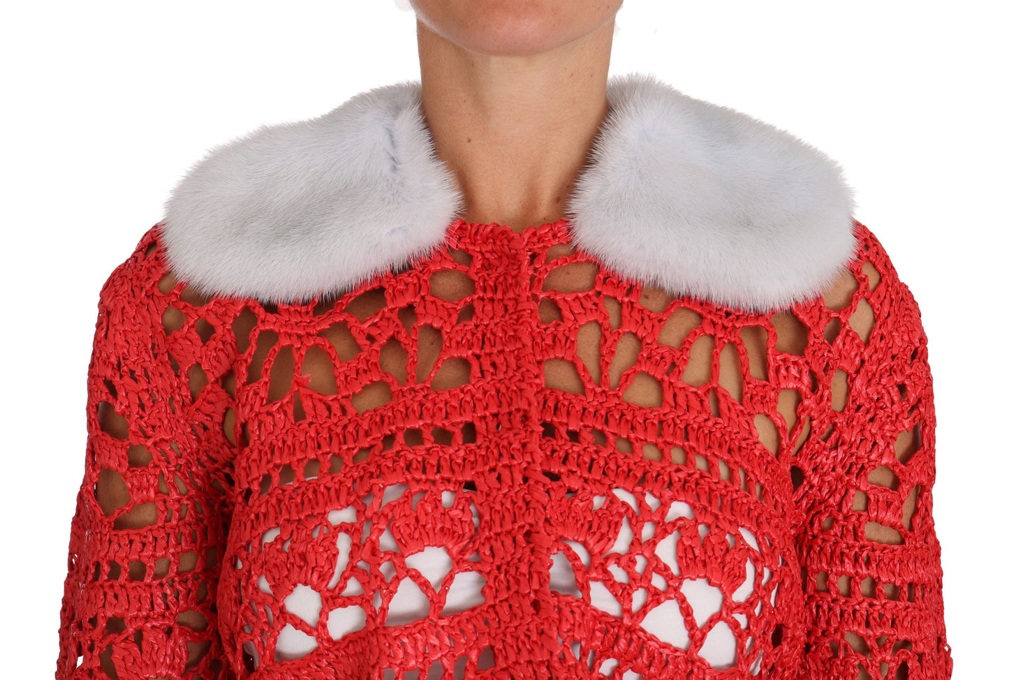 Rote Strickjacke gehäkelt gestrickt Raffia Pullover