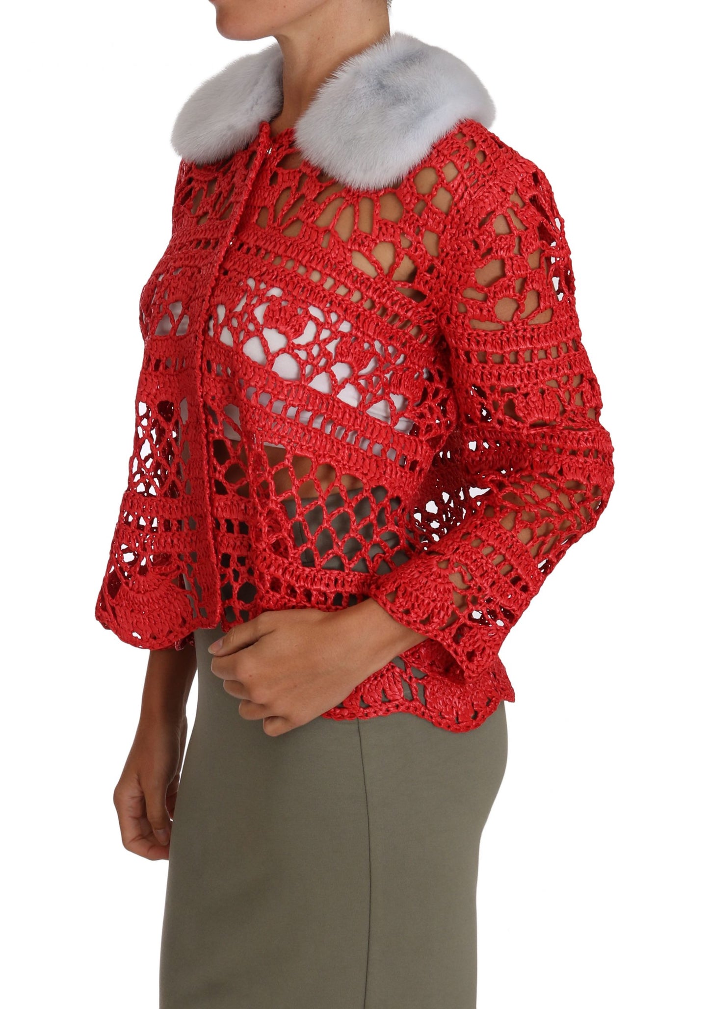 Rote Strickjacke gehäkelt gestrickt Raffia Pullover