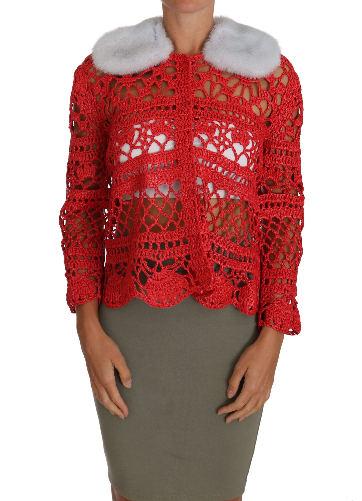 Rote Strickjacke gehäkelt gestrickt Raffia Pullover