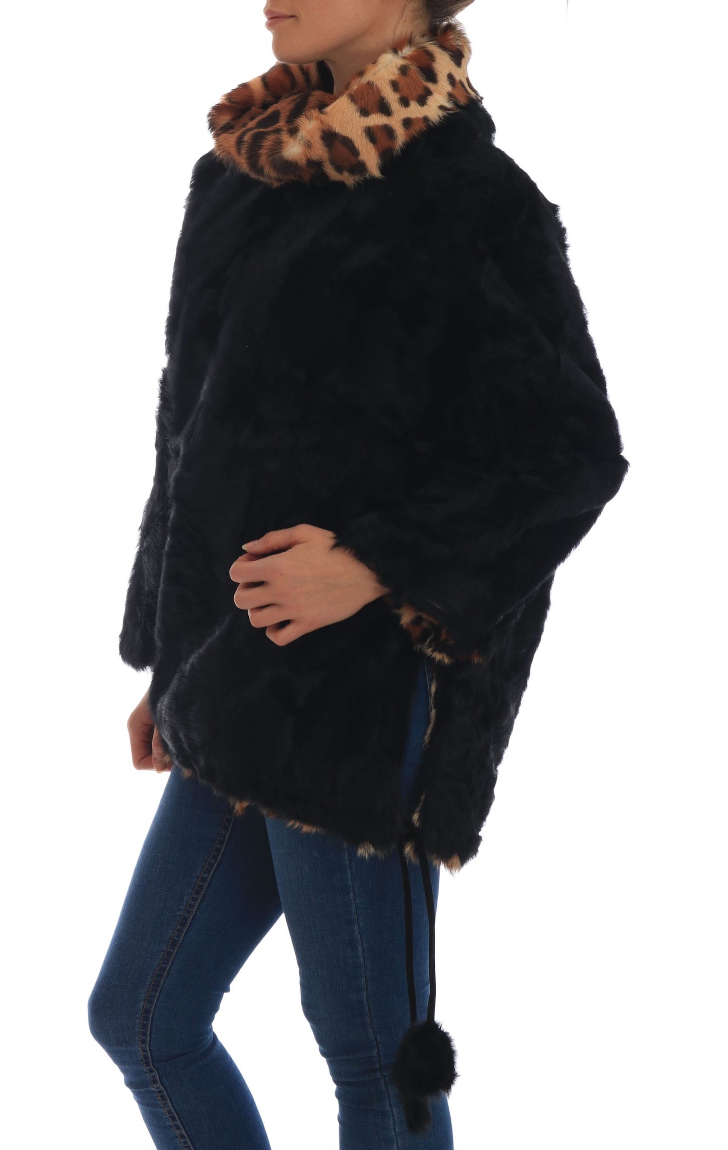 Schwarzer Lamm Leopard Print Pelzmantel Jacke