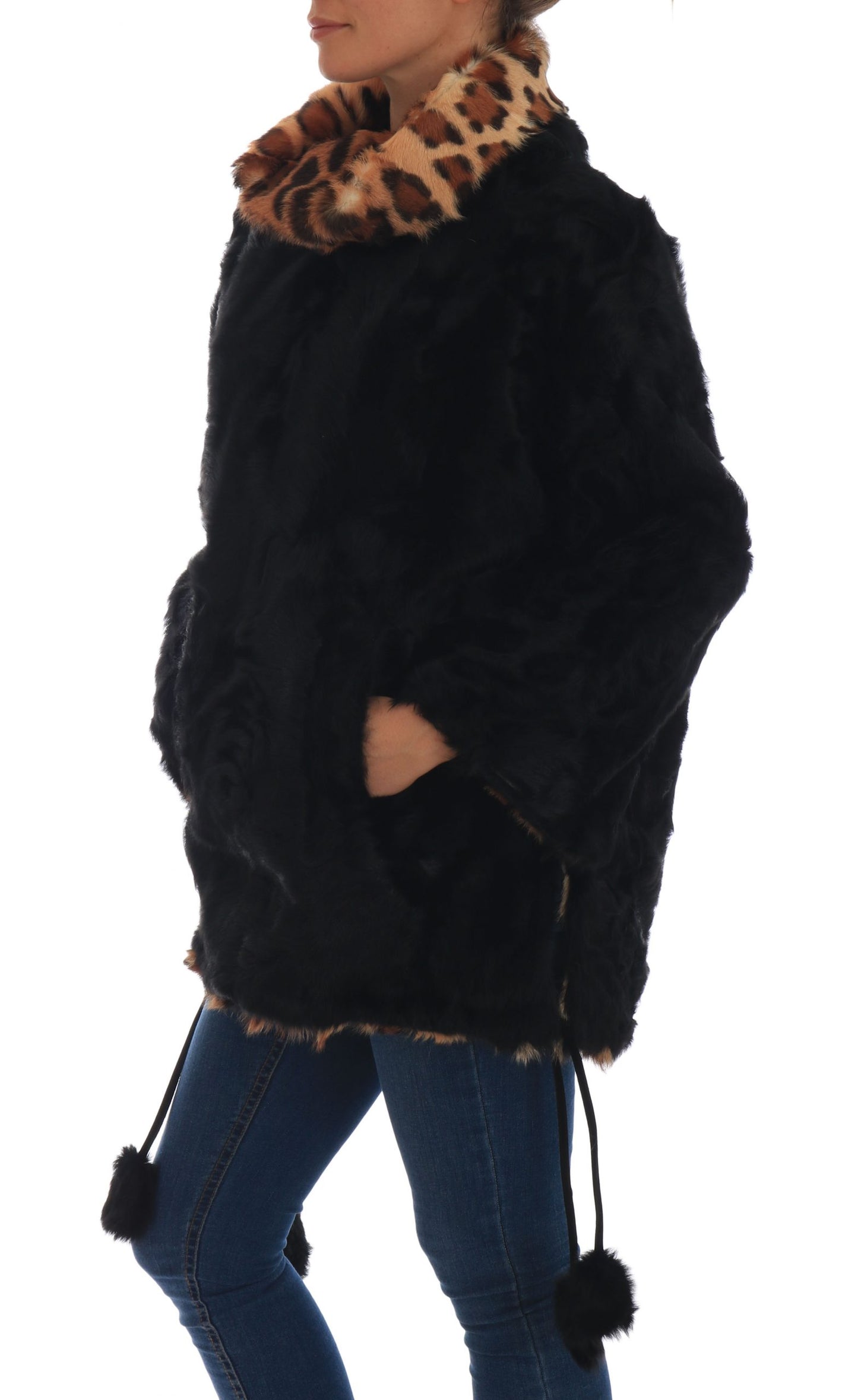 Schwarzer Lamm Leopard Print Pelzmantel Jacke