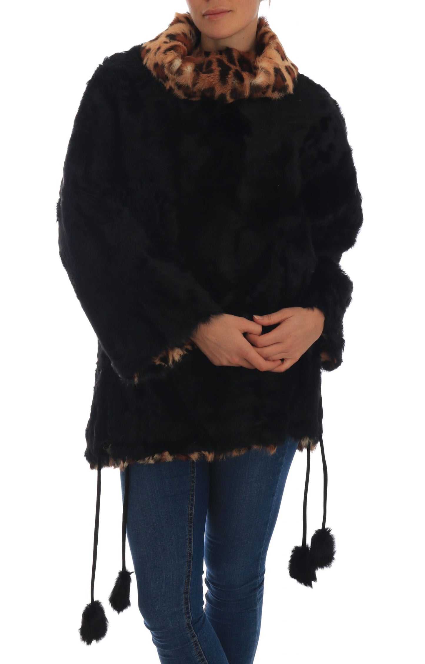 Schwarzer Lamm Leopard Print Pelzmantel Jacke