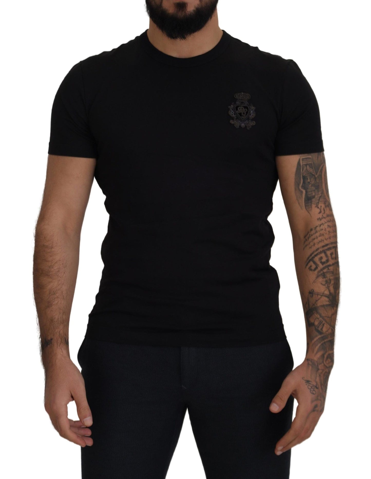 Schwarzes Baumwoll-Logo-Patch-T-Shirt mit Rundhalsausschnitt
