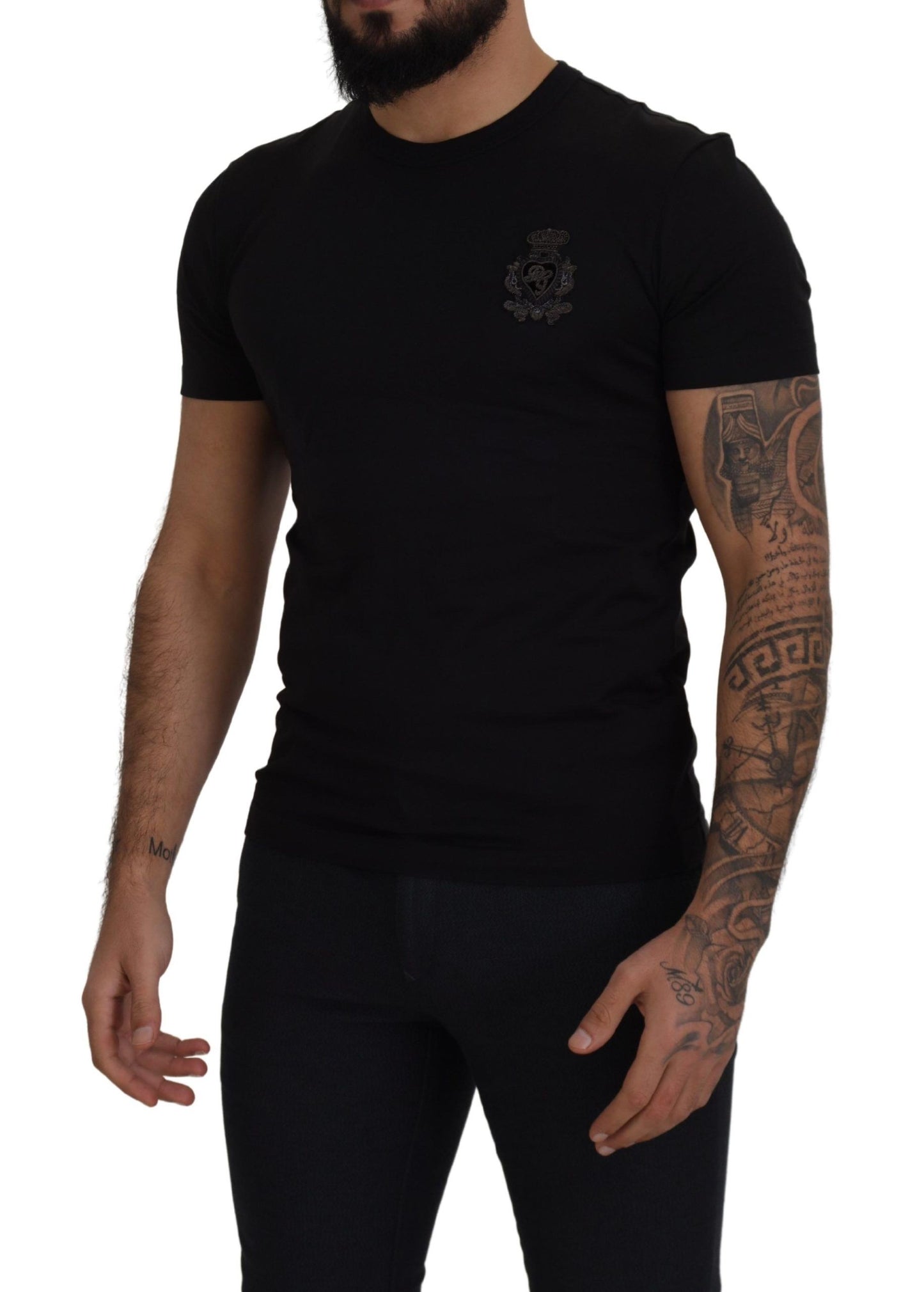 Schwarzes Baumwoll-Logo-Patch-T-Shirt mit Rundhalsausschnitt