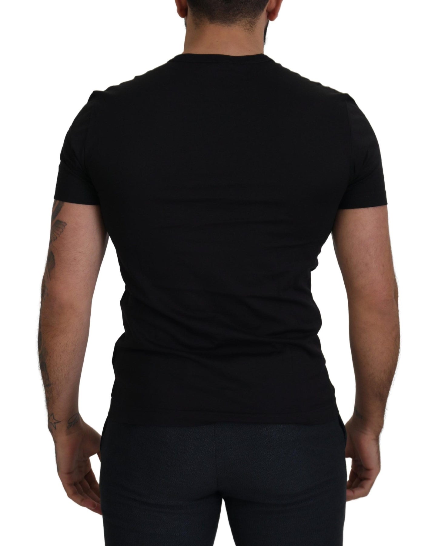 Schwarzes Baumwoll-Logo-Patch-T-Shirt mit Rundhalsausschnitt