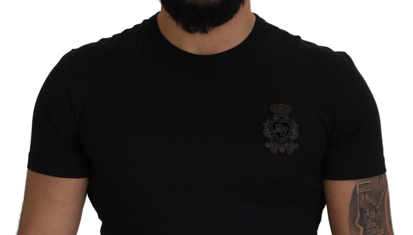 Schwarzes Baumwoll-Logo-Patch-T-Shirt mit Rundhalsausschnitt