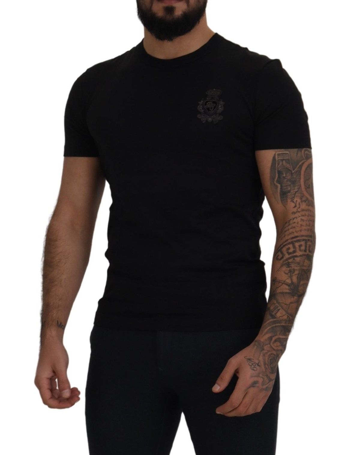 Schwarzes Baumwoll-Logo-Patch-T-Shirt mit Rundhalsausschnitt